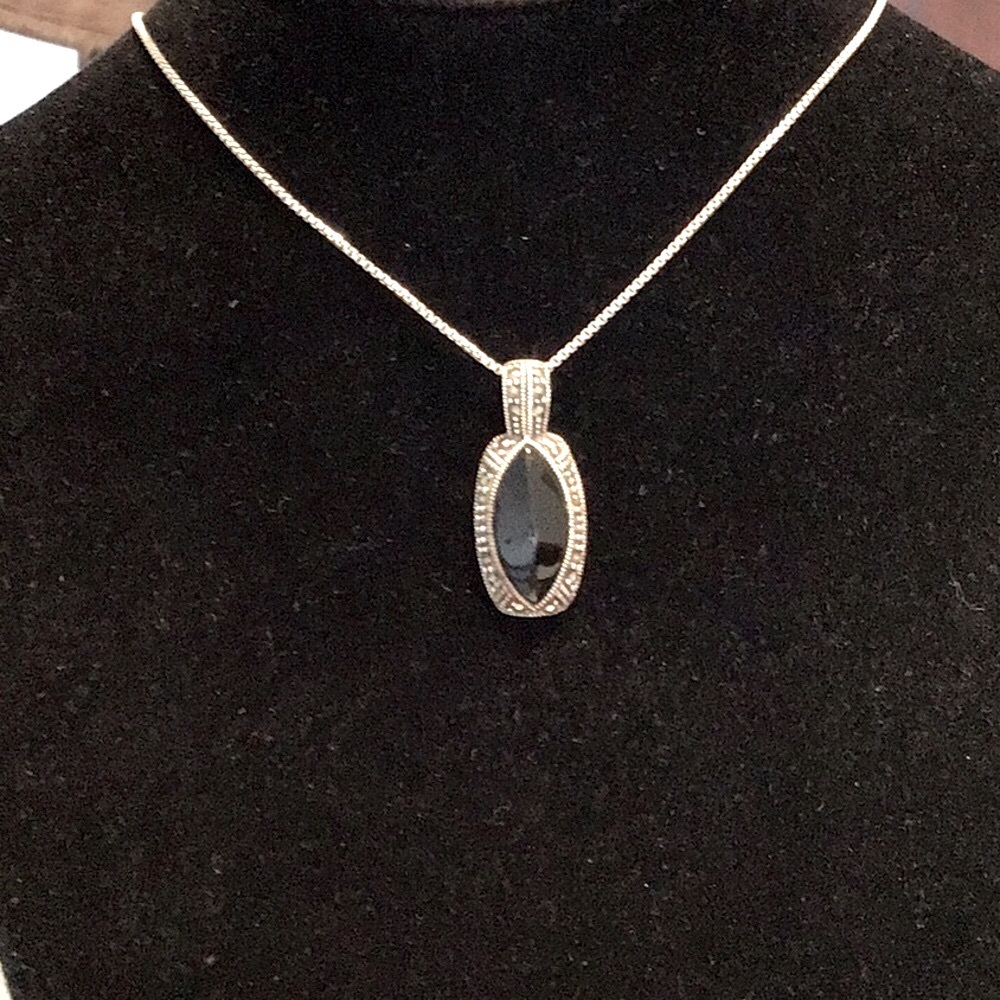 Sterling Silver Marquisite and Onyx Pendant